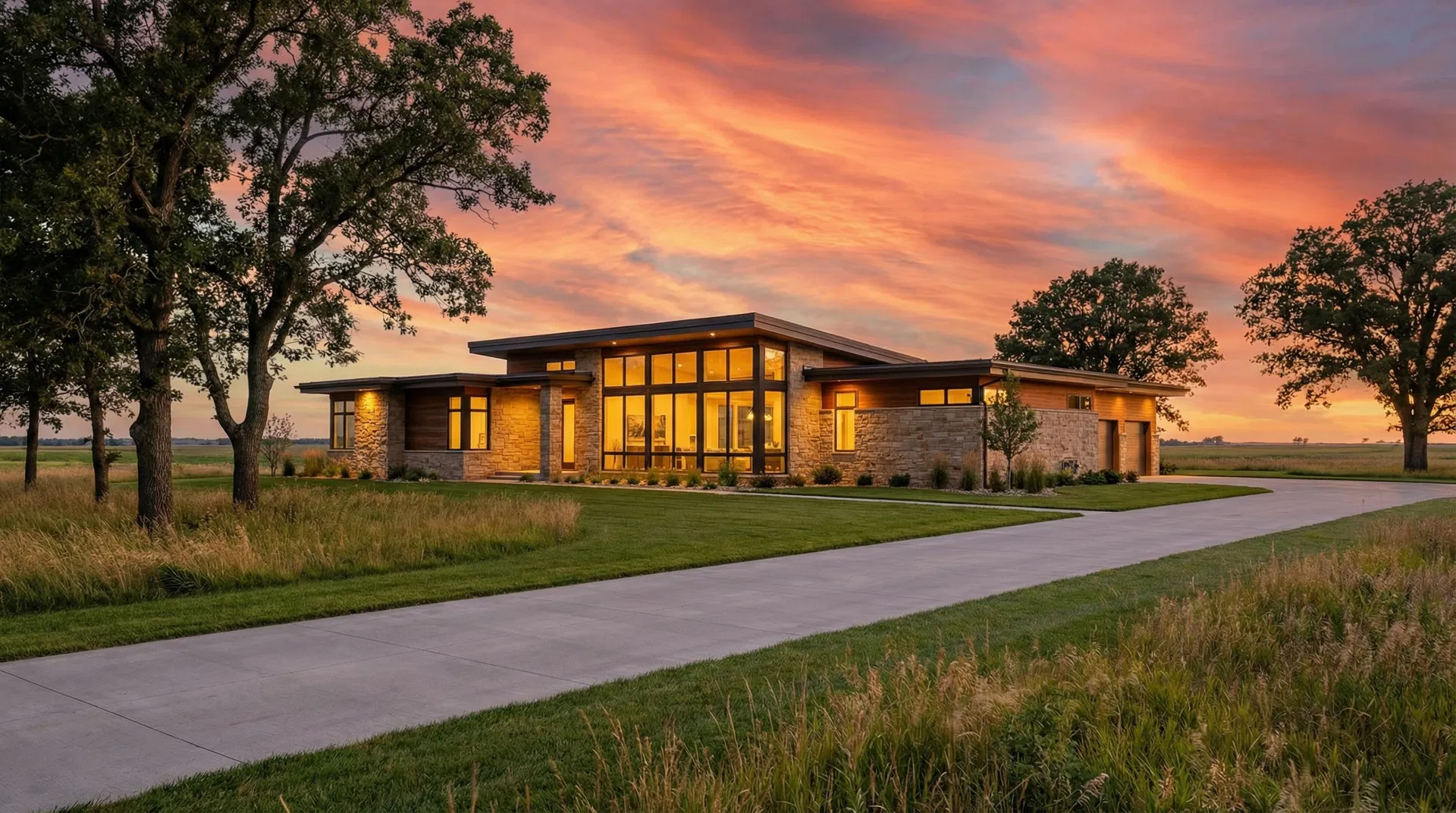 Luxury modern prairie home at sunset in South Dakota